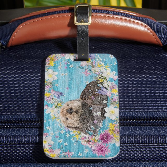 Otter Swimming in Flowers Luggage Tag (Front Insitu 2)