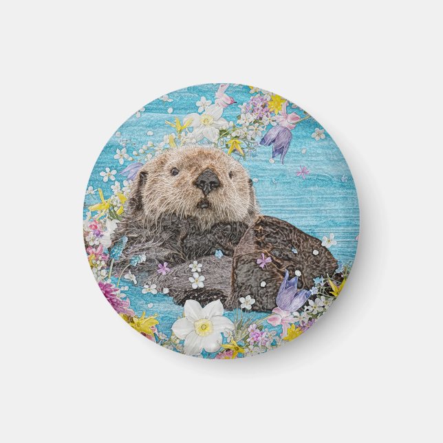 Otter Swimming in Flowers Magnet (Front)