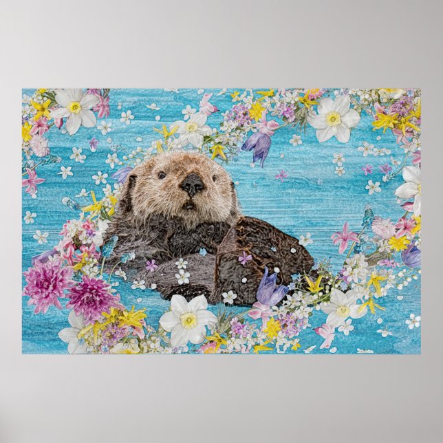 Otter Swimming in Flowers Poster (Front)