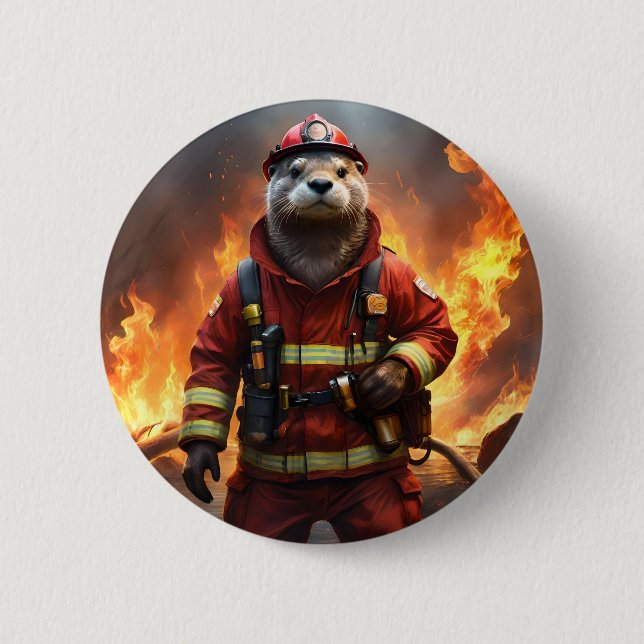 Otter The Fire Fighter, 6 Cm Round Badge (Front)