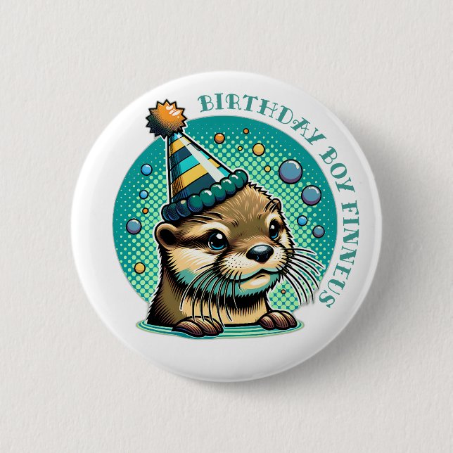 Otter Themed Blue Boy's Birthday Personalised 6 Cm Round Badge (Front)