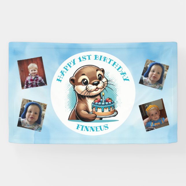 Otter Themed Boy's First Birthday Personalised Banner (Horizontal)