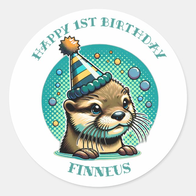 Otter Themed Boy's First Birthday Personalised Classic Round Sticker (Front)