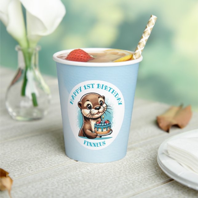 Otter Themed Boy's First Birthday Personalised Paper Cups (Insitu)