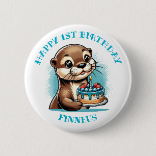 Otter Themed Boy's First Birthday Personalized 6 Cm Round Badge