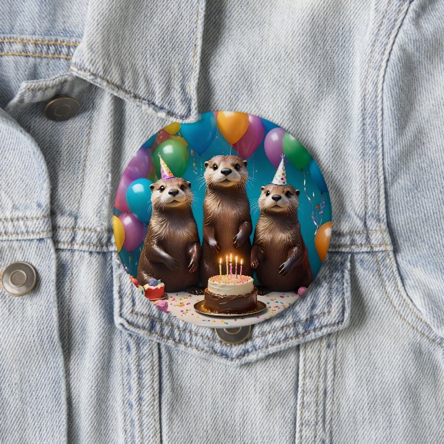 Otter Triplets Birthday Party, 10 Cm Round Badge (In Situ)