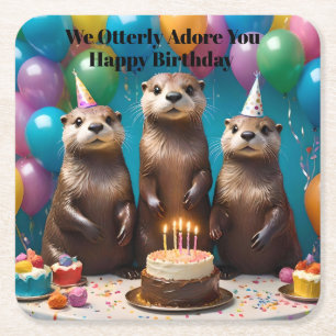 Otter Triplets Otterly Adore You Birthday Party Square Paper Coaster