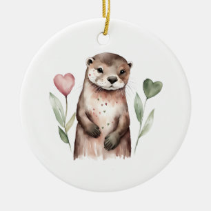 Otter With Heart Shaped Flowers Ceramic Tree Decoration