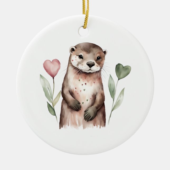 Otter With Heart Shaped Flowers Ceramic Tree Decoration (Front)