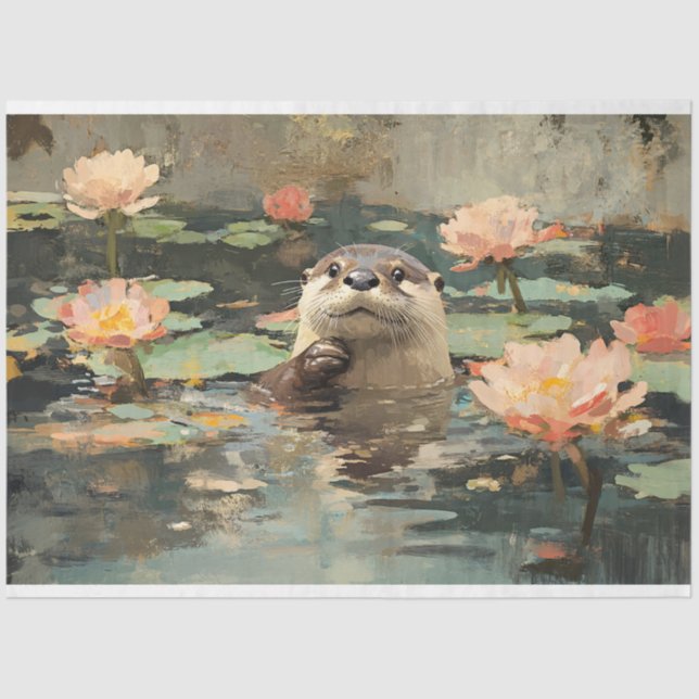Otter with Lotus Flowers Painting Decoupage Tissue Paper (Front)