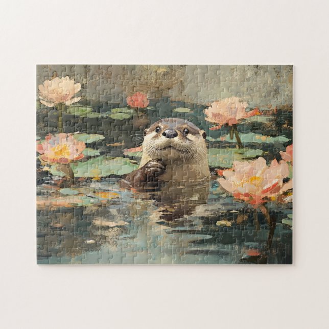Otter with Lotus Flowers Painting Jigsaw Puzzle (Horizontal)