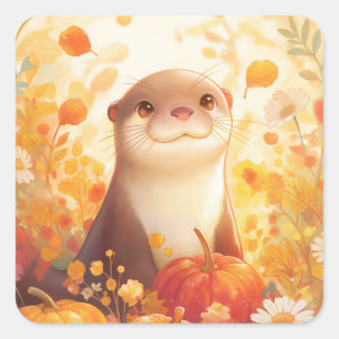 Otter with Pumpkins and Autumn Flowers Square Sticker