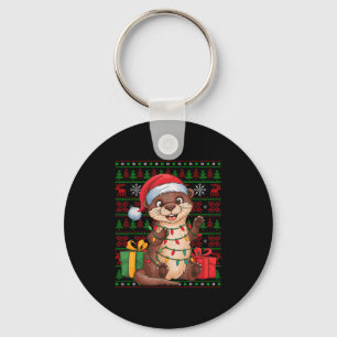 Otter Xmas Lights Ugly Santa Hat Otter Christmas Key Ring