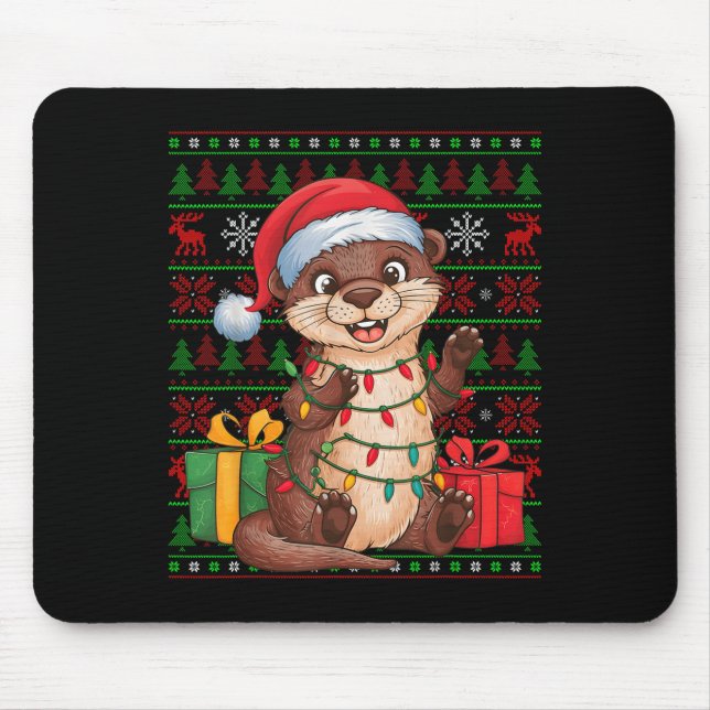 Otter Xmas Lights Ugly Santa Hat Otter Christmas  Mouse Mat (Front)
