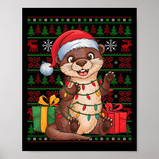 Otter Xmas Lights Ugly Santa Hat Otter Christmas  Poster (Front)