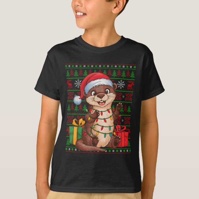 Otter Xmas Lights Ugly Santa Hat Otter Christmas  T-Shirt (Front)