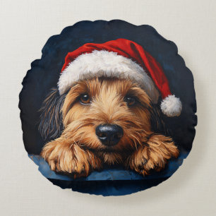 Otterhound In A Santa Hat Round Cushion