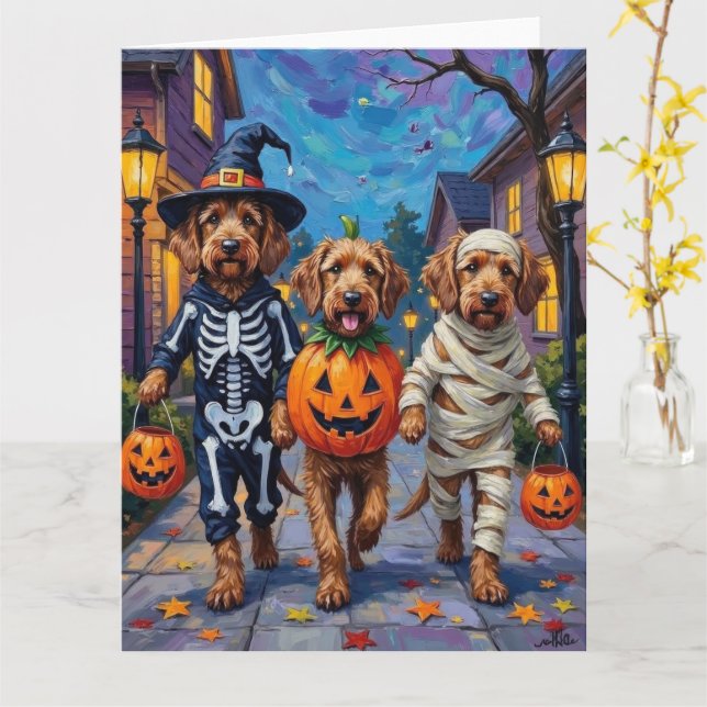 Otterhound Trick-or-Treating in Halloween Costumes Card (Yellow Flower)