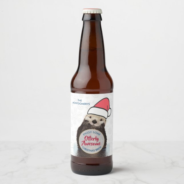 Otterly Awesome Christmas Brew Otter Funny Pun Beer Bottle Label (Front)