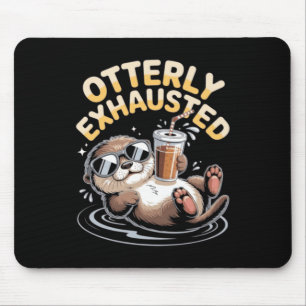 Otterly Exhausted Funny Sea Otter With Iced Coffee Mouse Mat