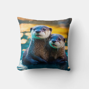 Otterly in Love: Baby Otters Hug in Glowing Waters Cushion
