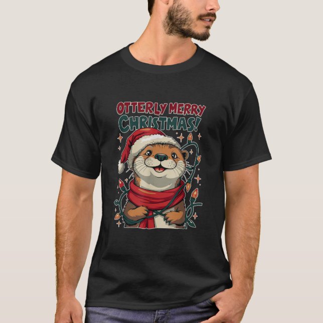 Otterly Mery Christmas Funny Otter Xmas Lights Des T-Shirt (Front)