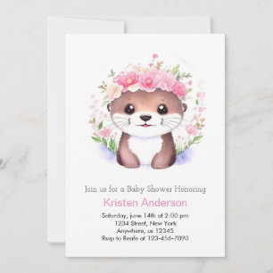Otterly Pink Floral Whimsy Girl Baby Shower Invitation