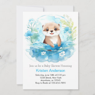 Otterly Whimsical Blue Wildflower Boy Baby Shower Invitation