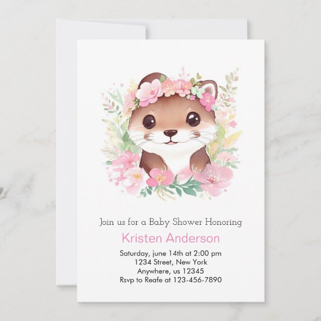 Otterly Whimsical Pink Floral Otter Girl Baby Show Invitation (Front)
