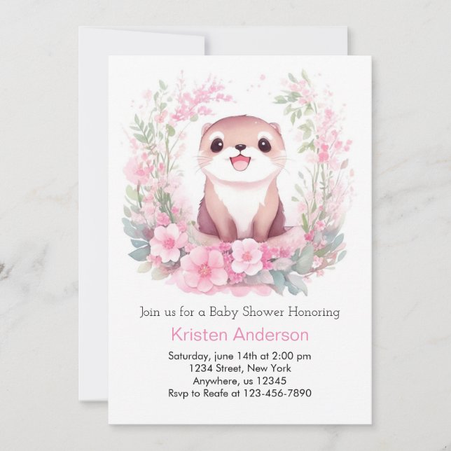 Otterly Whimsical Watercolor Girl Baby Shower Invitation (Front)