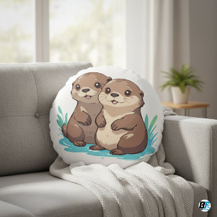 Otters Animal Cartoon Cute Elegant Minimalist Round Cushion