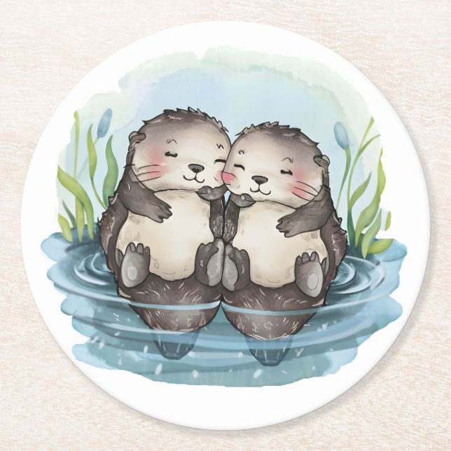 Otters Holding Hands Round Paper Coaster (Front)