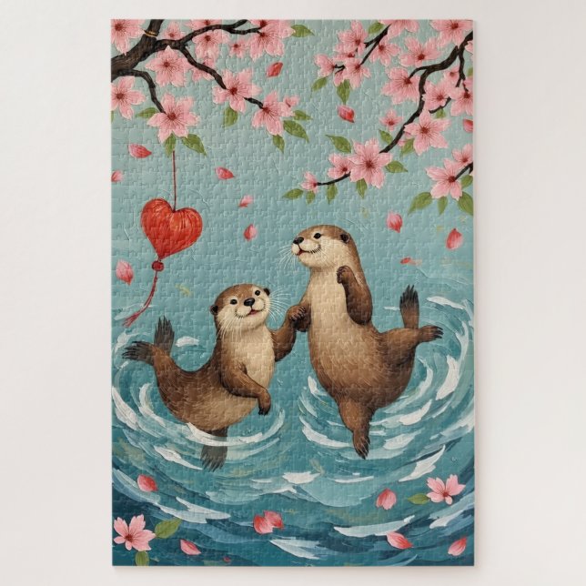 Otters Holding Paws with Valentine Lantern Jigsaw Puzzle (Vertical)