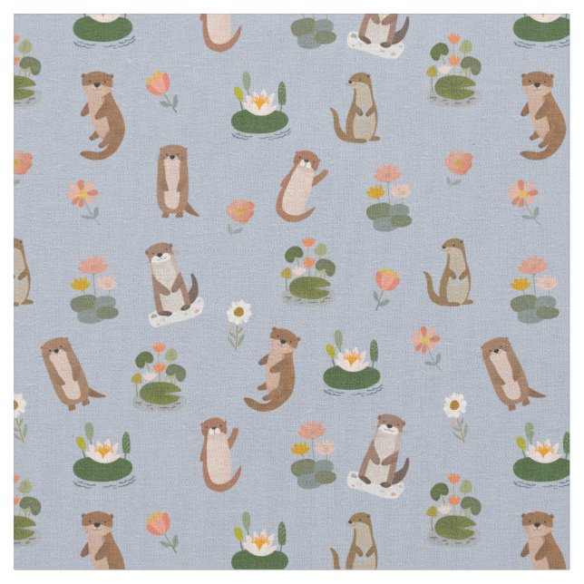 Otters & Lily Pads on Light Blue Fabric (Close Up)