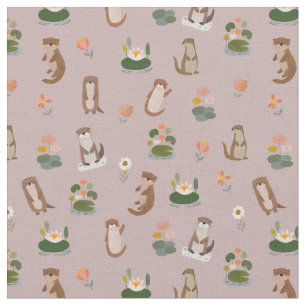 Otters & Lily Pads on Light Gray-Pink Fabric
