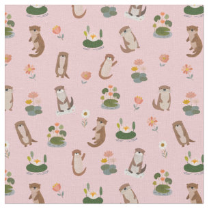 Otters & Lily Pads on Light Pink Fabric
