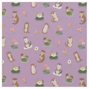 Otters & Lily Pads on Light Purple Fabric