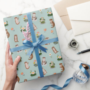 Otters & Lily Pads on Pistachio Green Wrapping Paper