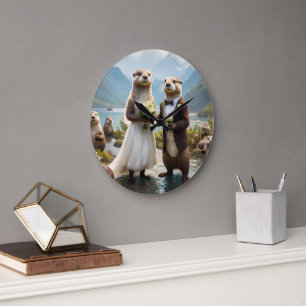 Otters On Their Wedding Day, Wedding Large Clock