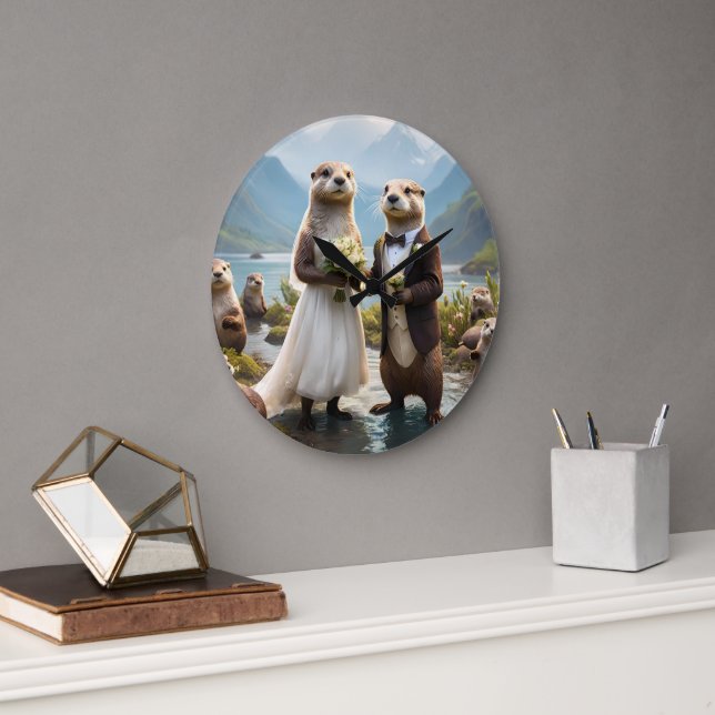 Otters On Their Wedding Day, Wedding Large Clock (Office)