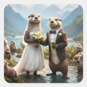 Otters On Their Wedding Day, Wedding Square Sticker