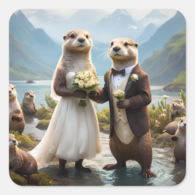 Otters On Their Wedding Day, Wedding Square Sticker (Front)