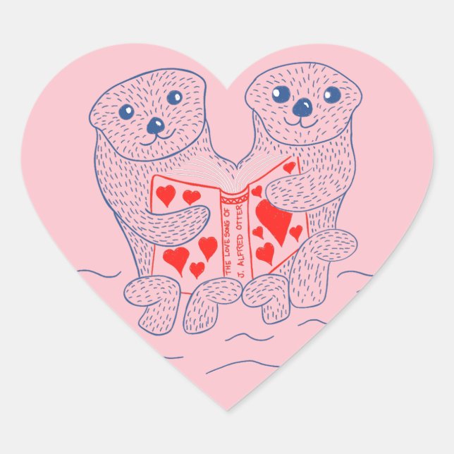 Otters Reading a Book Cute Valentine's Day Heart Sticker (Front)