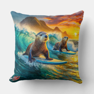 Otters Surfing 02 Design by Rich AMeN Gill Cushion