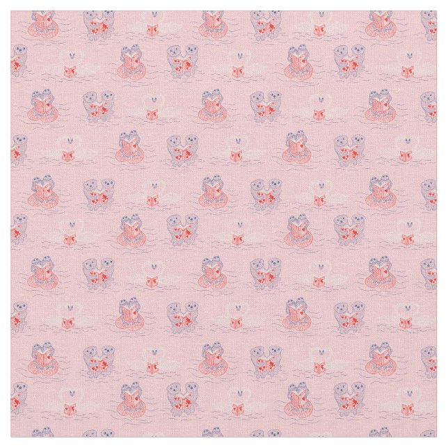 Otters, Swans, Frogs Reading Books Valentines Day Fabric (Close Up)