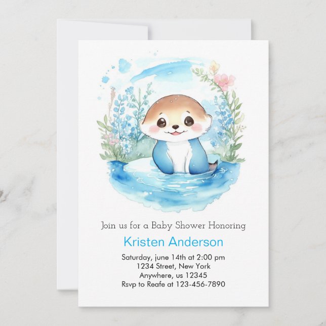 Otter's Wildflower Paradise Blue Boy Baby Shower Invitation (Front)