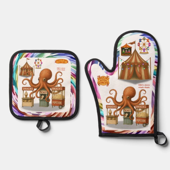 Otto’s circus snack shack oven mitt & pot holder set (Front)