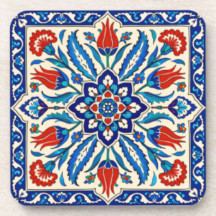 Ottoman Style Blue Red Tulip Pattern Coaster