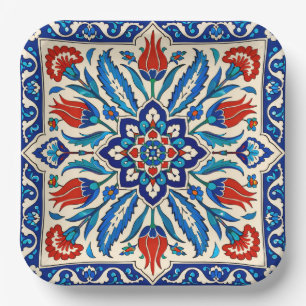 Ottoman Style Blue Red Tulip Pattern Paper Plate