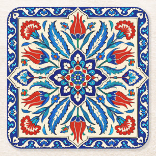 Ottoman Style Blue Red Tulip Pattern Square Paper Coaster